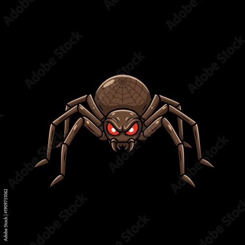 Scary Cartoon Spider with Red Eyes on Black Background.