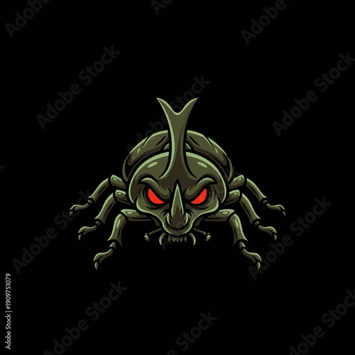 Scary Rhinoceros Beetle Illustration with Red Eyes and Horn.