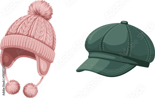 Winter hat, knitted pom-pom cap, pink cable knit, ear flap hat, newsboy cap, green fashion hat, stylish headwear, cozy accessories