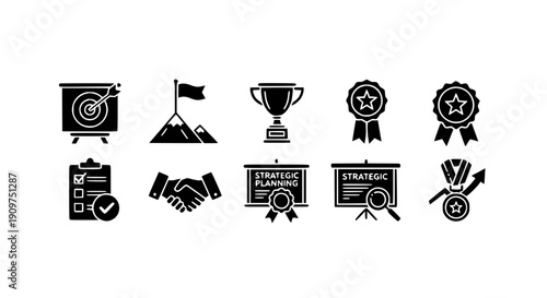 Business Success Icon Set Featuring Strategic Planning Presentations Achievement Trophies Target Goals and Partnership Symbols