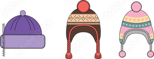 Winter hats, purple beanie, pom-pom earflap hat, colorful knit cap, pastel design, cozy headwear, seasonal fashion, warm accessories, stylish wool