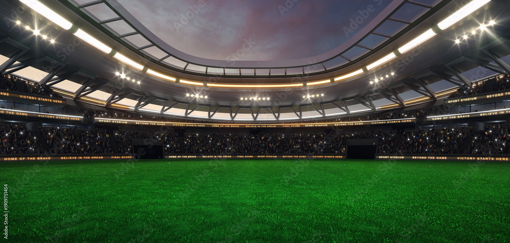 Fototapeta premium Green grass field at a sports stadium with shining spotlights and fans ready for the upcoming grand sporting event. Professional sports advertisement background.