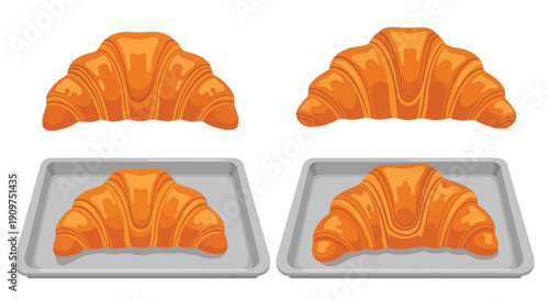 Two pairs of golden brown croissants some on baking trays