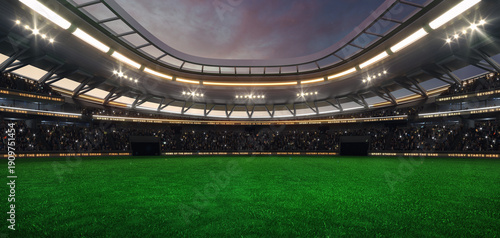 Konstfotografi Green grass field at a sports stadium with shining spotlights and fans ready for the upcoming grand sporting event