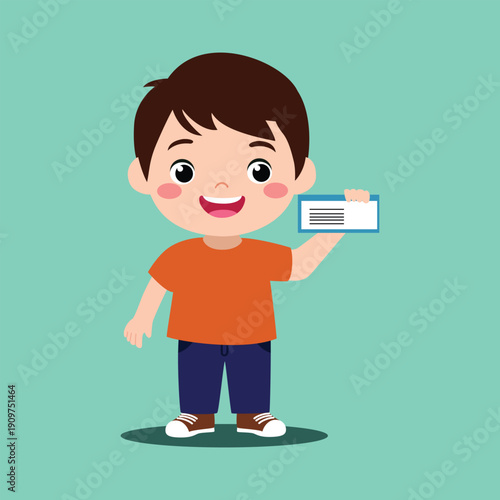Cartoon boy holding a card with a cheerful expression