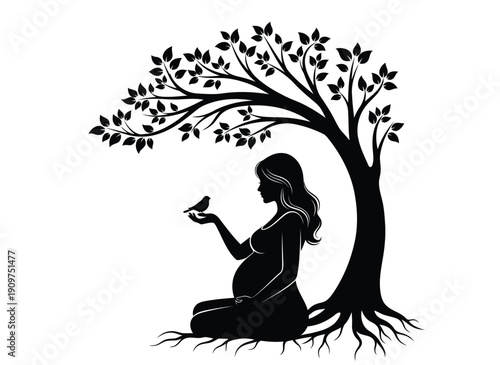 A pregnant woman sits under a tree with a bird in her hand