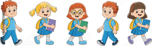 Set of cute primary school children characters walking with backpacks and books, flat vector illustration of diverse students going back to school together