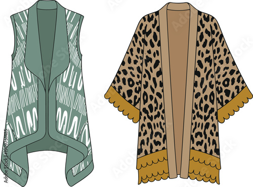 Women's vest and kimono cardigan fashion illustration, leopard print, abstract pattern, scalloped trim, CAD drawing, flat vector style design