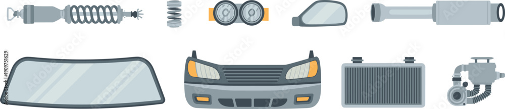 Fototapeta premium Set of flat vector illustrations of car spare parts including bumper, headlights, radiator, shock absorber, mirror, and windshield, automotive repair and maintenance icons