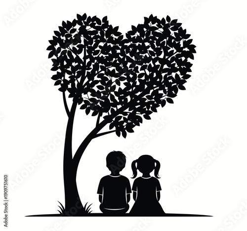 A heartwarming silhouette of a boy and girl sitting under a tree with a heart-shaped leafy canopy.