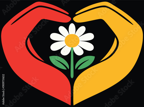 Two hands forming a heart around a daisy flower, unity and care symbol for kindness, friendship, eco love, charity campaign, wellbeing message, community support design.