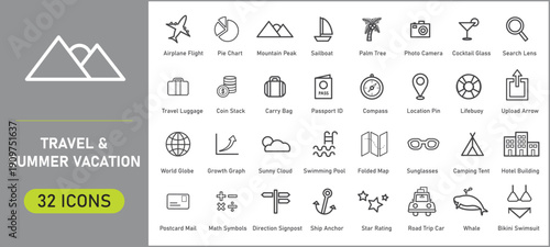 Travel, Summer Vacation, and Tourism Line Icons Set for Holiday Design
