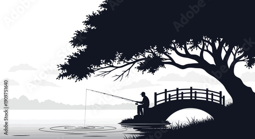 A serene silhouette of a man fishing under a tree beside a small bridge