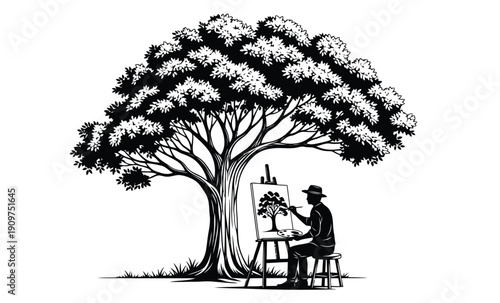 A man sits under a large tree painting a beautiful landscape on an easel
