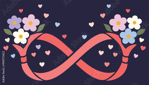 Pink infinity symbol with blooming flowers and floating hearts, romantic forever love icon for wedding invitation, anniversary greeting, Valentine celebration, cute feminine design.
