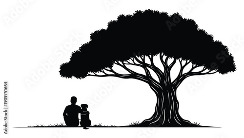 A silhouette of a man and child sitting under a large tree