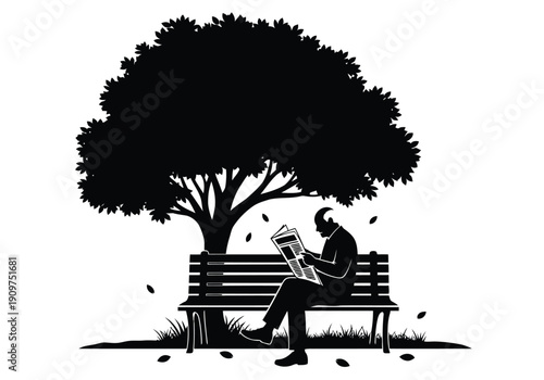 A man sits on a park bench reading a newspaper under a tree