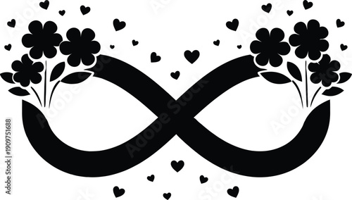 Elegant infinity symbol with floral ornament and scattered hearts, romantic love concept icon for Valentine’s Day, wedding decor, anniversary card, couple branding design.