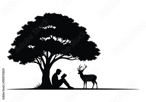 A serene silhouette of a man reading under a tree with a deer standing nearby
