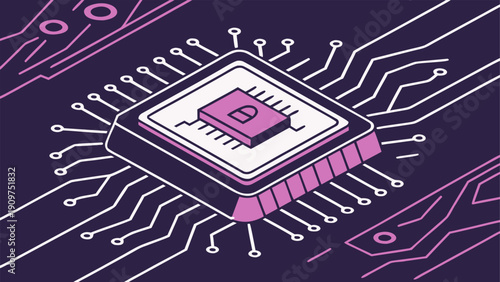 Artificial Intelligence microchip integrated on circuit board. Technology concept illustrating machine learning, data analysis, and futuristic digital processor systems.