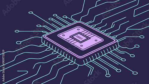 AI chip embedded in circuit board. Vector concept of artificial intelligence computing, neural network processing, and advanced semiconductor technology.