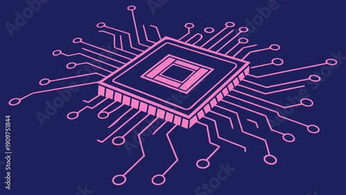 Artificial Intelligence processor chip mounted on circuit board. Vector illustration representing AI technology, machine learning, and advanced digital computing systems.
