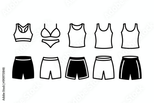 Collection of various clothing items for men and women in simple line art style