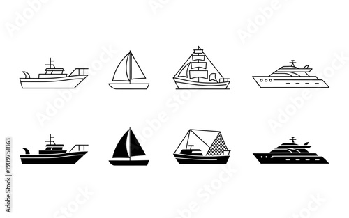 Collection of various boat and ship silhouettes and line drawings on white background