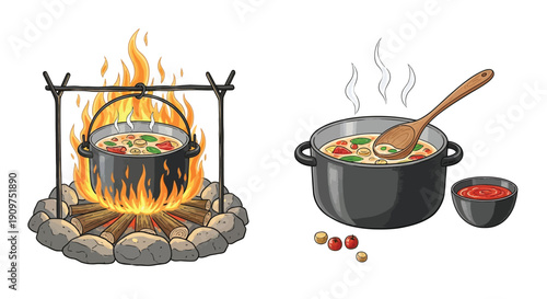 Cooking over an open fire a pot of soup and accompanying ingredients