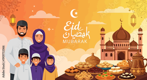 Eid al-Fitr celebration with family and traditional food.