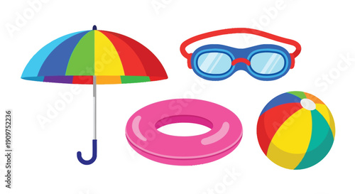 Colorful summer accessories including a beach umbrella goggles and inflatable toys