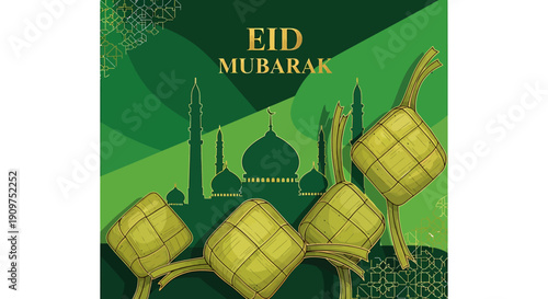 Eid Mubarak greeting card with mosque and lanterns.