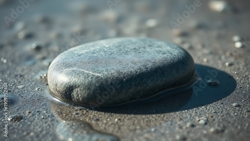 pertinent. A smooth river stone resting on wet sand, cool blue and grey tones. travel magazines, destination branding, designed for outdoor magazines and nature guides.
