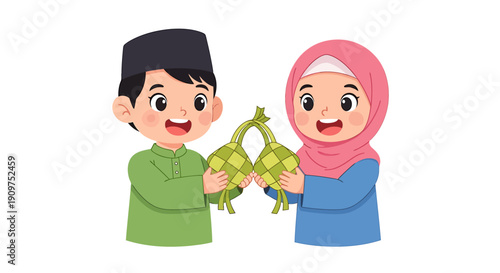 Cartoon children exchanging green ketupat during Hari Raya.