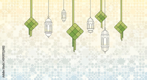 Hanging lanterns and diamond shapes on a pastel background.