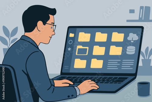 Businessman working on laptop with digital file folders and cloud backup icons in office setting