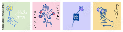 Spring illustration set of cute hand drawn cards and posters featuring flowers held in hands and floral doodles. Perfect for Women’s Day, Mother’s Day, birthdays, Easter decor, greeting cards, prints.