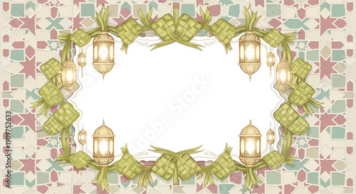 Elegant Ramadan Kareem Greeting Card with Lanterns and Gifts.