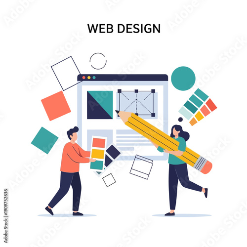 Two creative web design professionals collaborate actively on digital layout and color palette selection using giant tools for modern interface development.