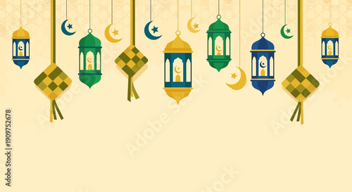 Colorful hanging lanterns and crescent moons on a beige background, symbolizing celebration and festivity.