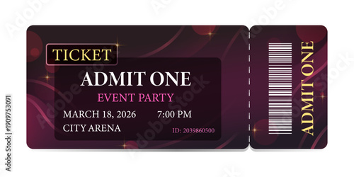 Realistic detailed cinema coupon for festivals, event, theater, concert, play. Vector illustration isolated on white background.