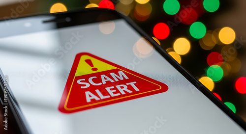 Wallpaper Mural Smartphone Screen Displaying Red Scam Alert Warning Sign with Festive Bokeh Background Torontodigital.ca