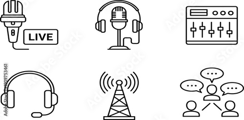Podcast and Live Broadcasting Icon Set Featuring Studio Microphone Headset Audio Mixer Communication Tower Social Media Interview and Radio Streaming 