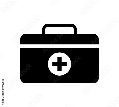 Solid black first aid kit box featuring clear white medical cross symbol indicating emergency health care supplies and safety tools
