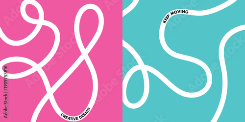 Abstract art design with white squiggly lines on pink and blue backgrounds
