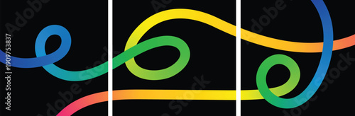 Vibrant multicolored swirling lines on black background with white vertical stripes