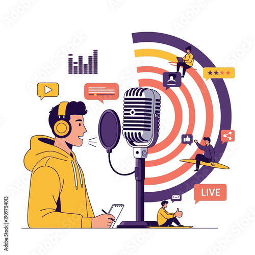 Young podcaster wearing headphones records engaging audio content using a classic studio microphone while interacting with live audience feedback icons and sound waves.