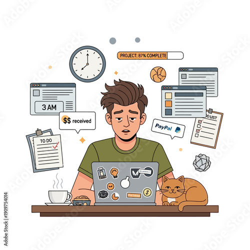 Exhausted freelancer working late at night illuminated by laptop screen with deadlines, notifications, and a small cat companion nearby