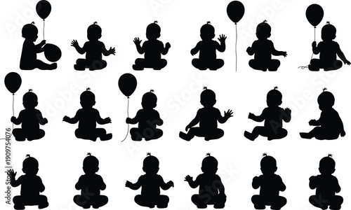 Black silhouettes of babies sitting and holding balloons baby infant white background
