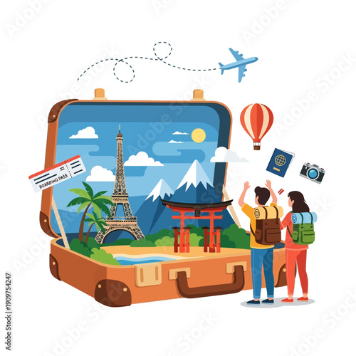 Adventurous young couple stands ready to explore famous international landmarks emerging magically from an open vintage suitcase for global travel inspiration.